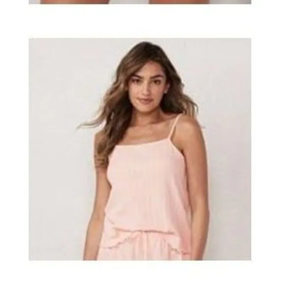 Lauren Conrad Pajama Set Pink Pointelle Cami Shorts Set Lettuce Edge Large NWT