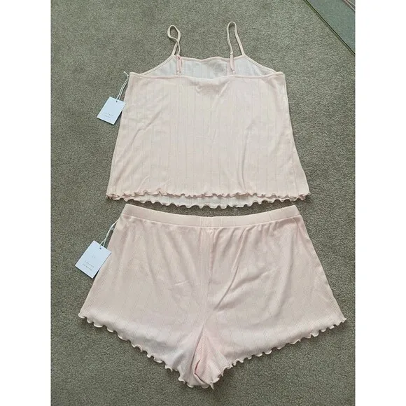 Lauren Conrad Pajama Set Pink Pointelle Cami Shorts Set Lettuce Edge Large NWT