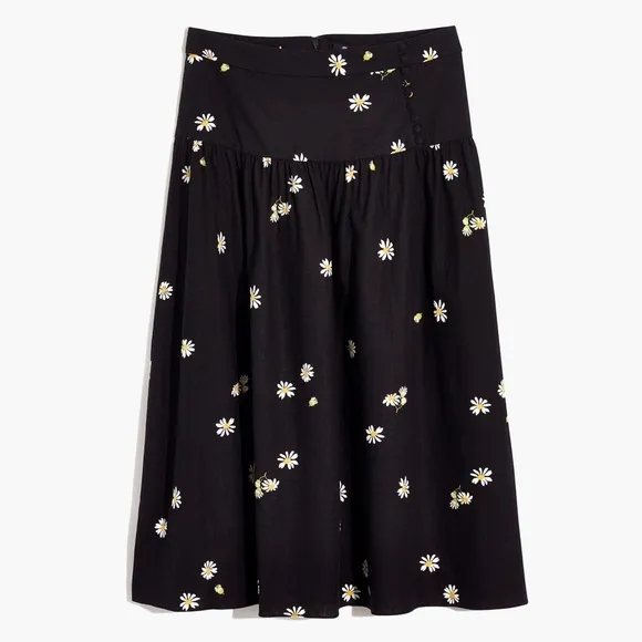 Madewell black linen Lazy Daisies midi skirt 90s daisy dark floral print
