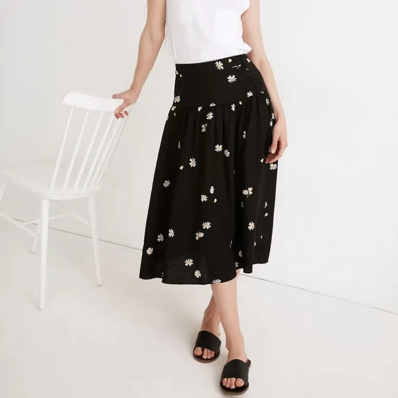 Madewell black linen Lazy Daisies midi skirt 90s daisy dark floral print