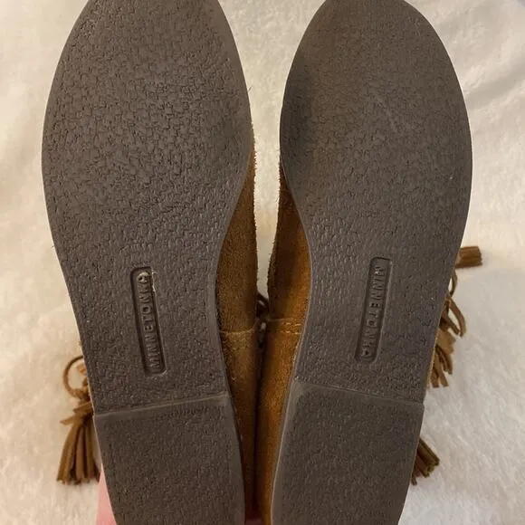 Minnetonka 2-Layer Fringe Boot Brown Suede Leather Size 7 Western Boho