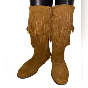 Minnetonka 2-Layer Fringe Boot Brown Suede Leather Size 7 Western Boho