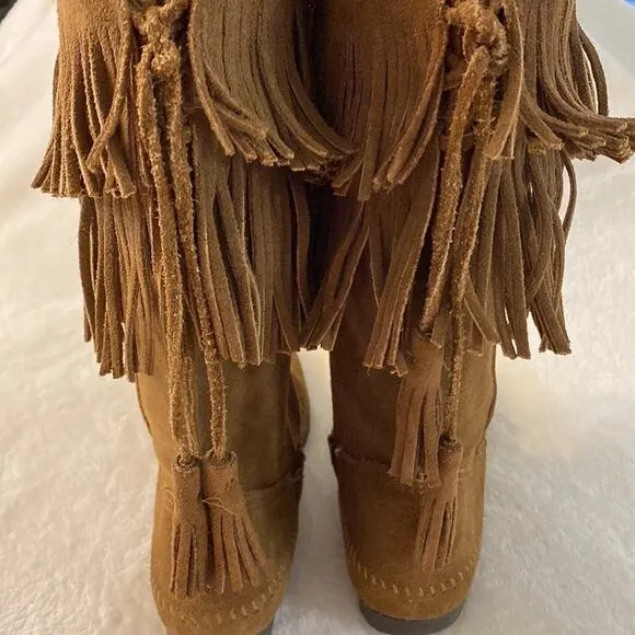 Minnetonka 2-Layer Fringe Boot Brown Suede Leather Size 7 Western Boho