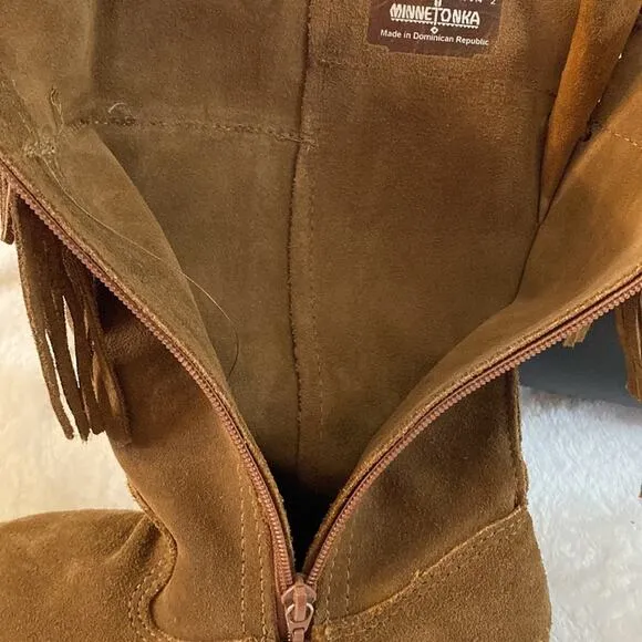 Minnetonka 2-Layer Fringe Boot Brown Suede Leather Size 7 Western Boho