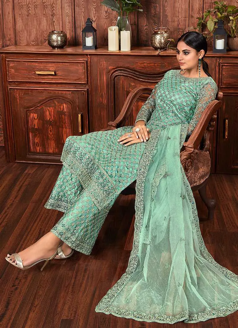Mint Color Heavy Embroidered Plazzo Style Suit
