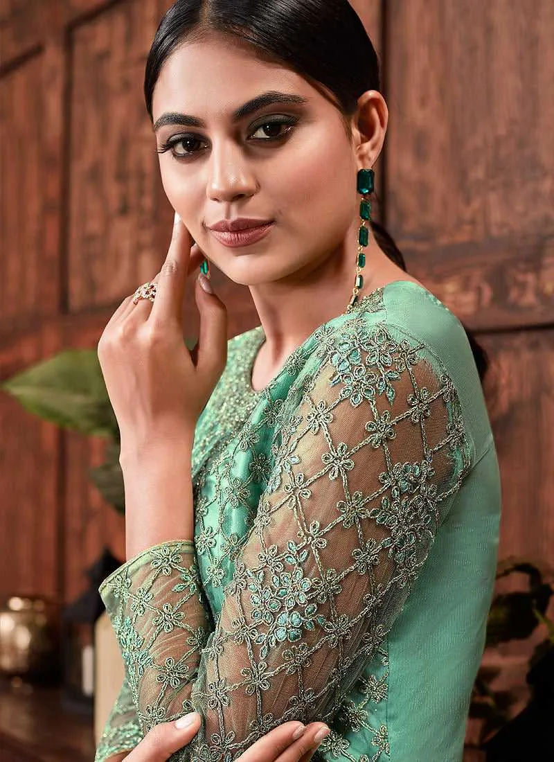 Mint Color Heavy Embroidered Plazzo Style Suit