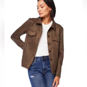NWOT - SADIE &amp; SAGE Women’s Olive Faux Suede Button-up Shacket w Pockets - Sz L