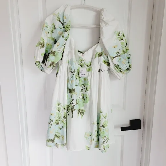 NWT Free People Green White Peony Short Puff Sleeve Pocket Babydoll Dress Sz M