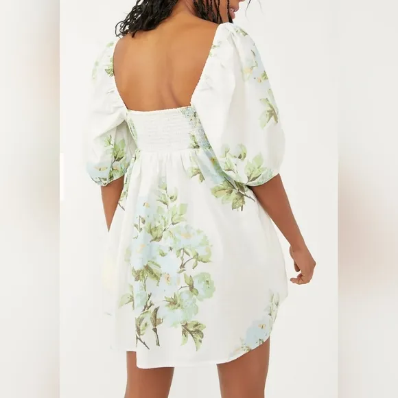NWT Free People Green White Peony Short Puff Sleeve Pocket Babydoll Dress Sz M