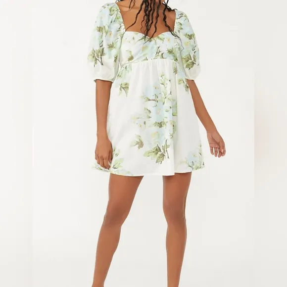 NWT Free People Green White Peony Short Puff Sleeve Pocket Babydoll Dress Sz M
