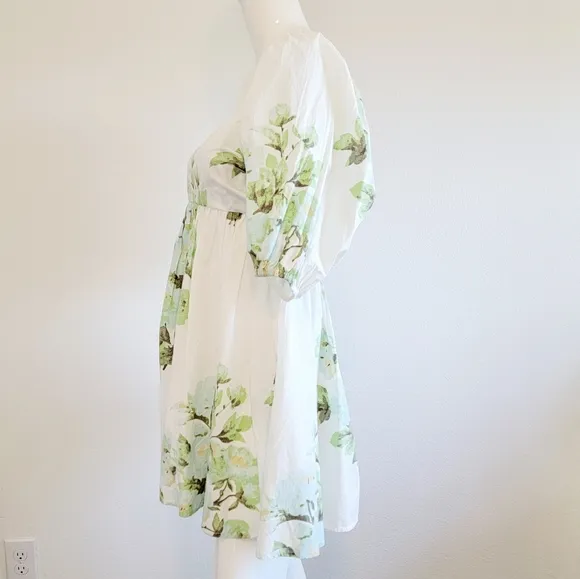 NWT Free People Green White Peony Short Puff Sleeve Pocket Babydoll Dress Sz M
