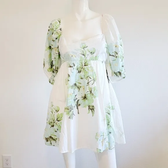 NWT Free People Green White Peony Short Puff Sleeve Pocket Babydoll Dress Sz M