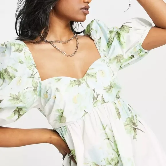 NWT Free People Green White Peony Short Puff Sleeve Pocket Babydoll Dress Sz M