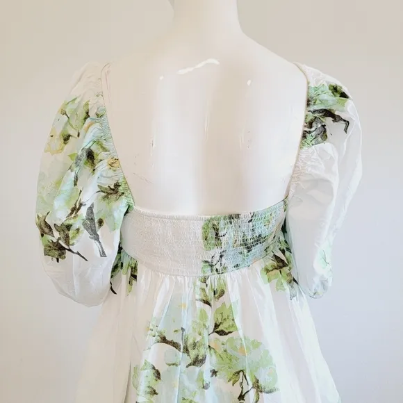 NWT Free People Green White Peony Short Puff Sleeve Pocket Babydoll Dress Sz M