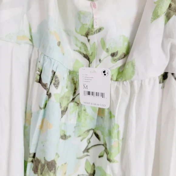 NWT Free People Green White Peony Short Puff Sleeve Pocket Babydoll Dress Sz M