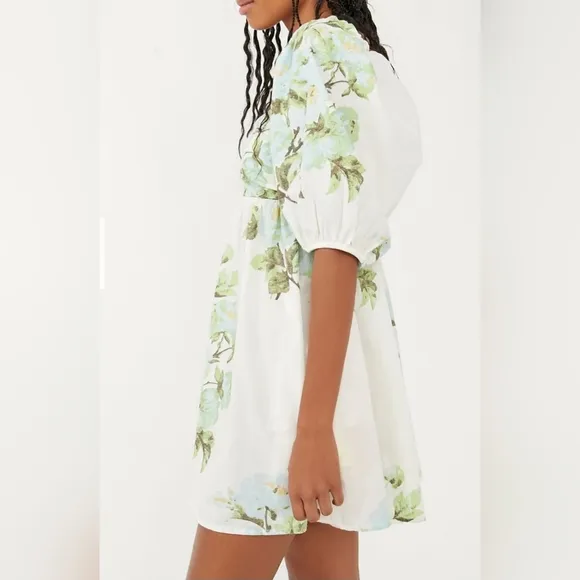 NWT Free People Green White Peony Short Puff Sleeve Pocket Babydoll Dress Sz M
