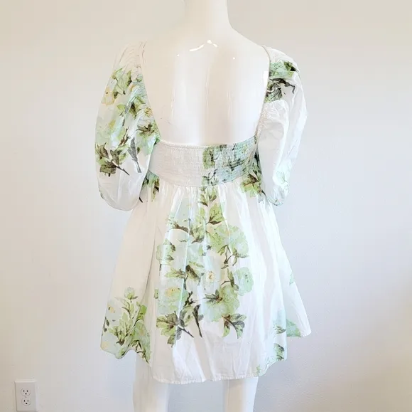 NWT Free People Green White Peony Short Puff Sleeve Pocket Babydoll Dress Sz M