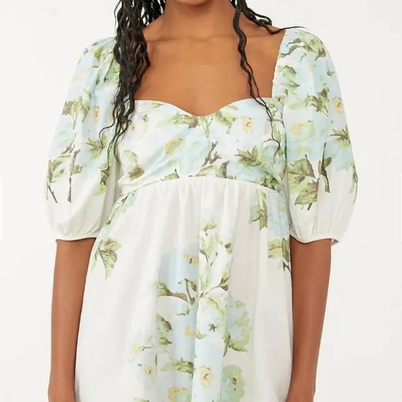 NWT Free People Green White Peony Short Puff Sleeve Pocket Babydoll Dress Sz M