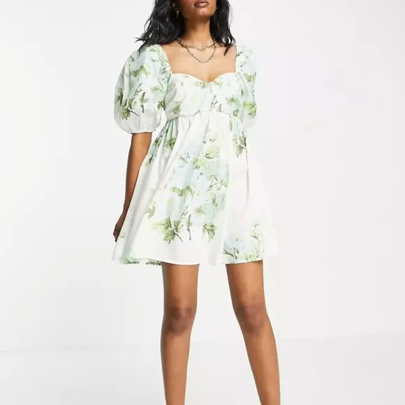 NWT Free People Green White Peony Short Puff Sleeve Pocket Babydoll Dress Sz M