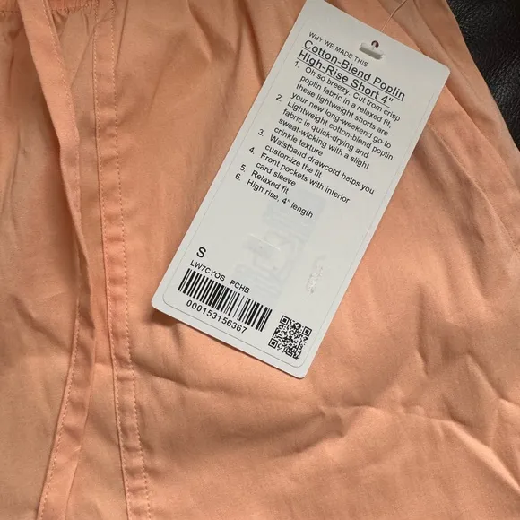 NWT lululemon Cotton-Blend Poplin High-Rise Short 4&quot; size:S color:peach Bellini