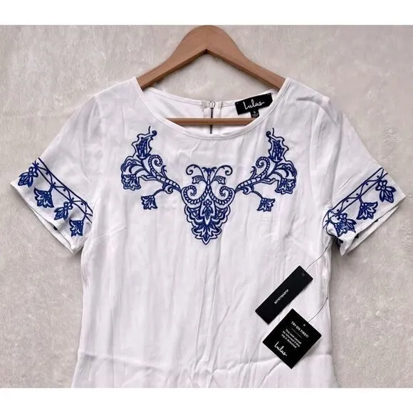 NWT Lulus Tale to Tell Blue and Ivory Embroidered ShiftDress, Size Small