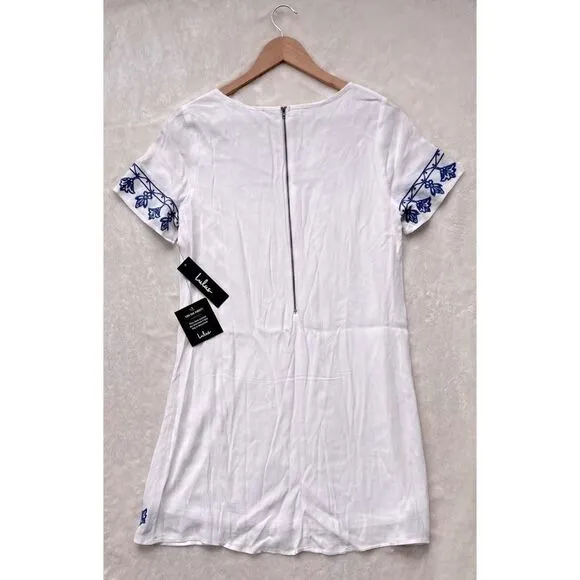 NWT Lulus Tale to Tell Blue and Ivory Embroidered ShiftDress, Size Small