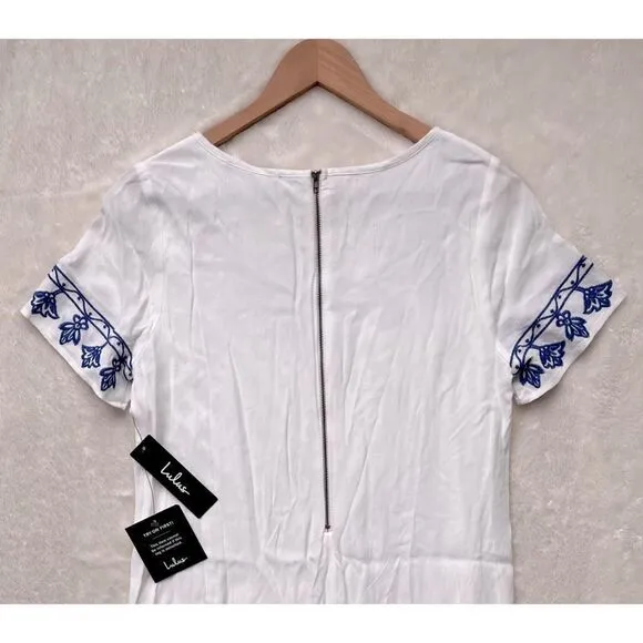 NWT Lulus Tale to Tell Blue and Ivory Embroidered ShiftDress, Size Small