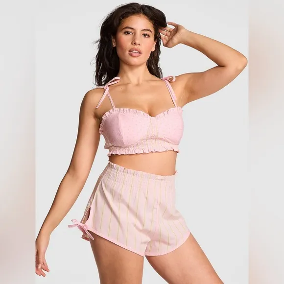 NWT Victoria’s Secret Cotton Bralette &amp; Ruffle Shorts Angel Pink Set Size Small