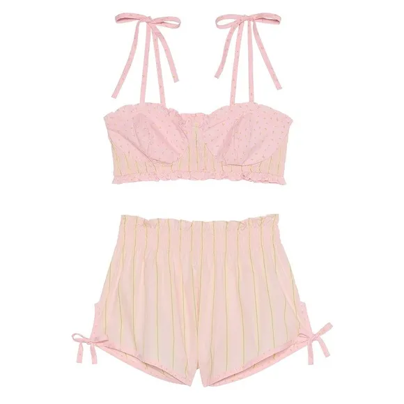 NWT Victoria’s Secret Cotton Bralette &amp; Ruffle Shorts Angel Pink Set Size Small