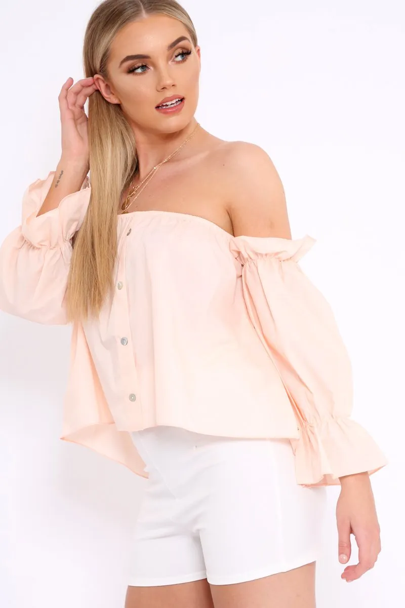 Peach Button Up Bardot Crop Top - LuLu