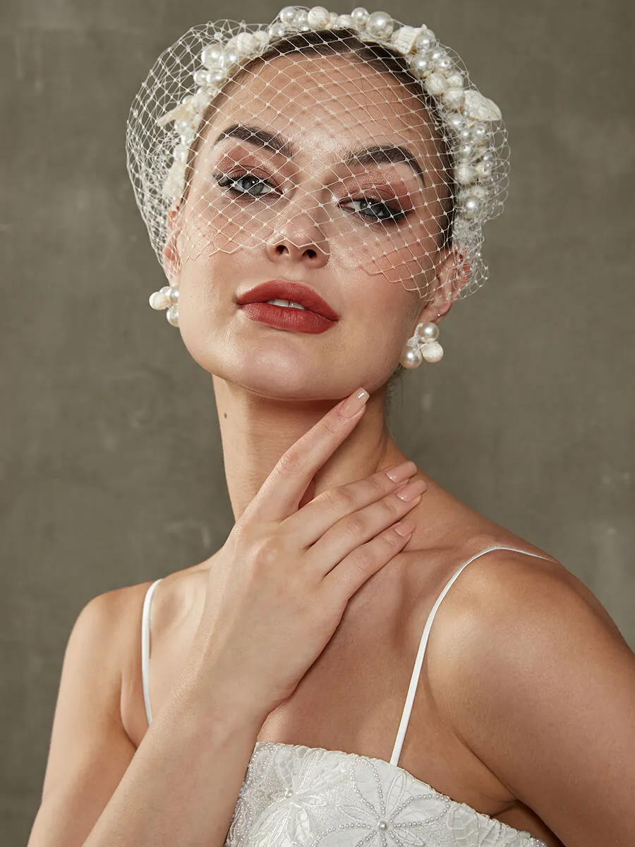 Pearl Wedding Veil and Earring Clips Set