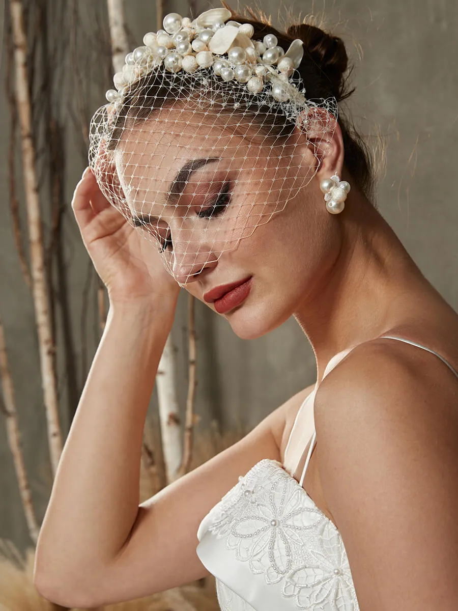Pearl Wedding Veil and Earring Clips Set