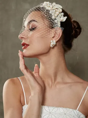 Pearl Wedding Veil and Earring Clips Set