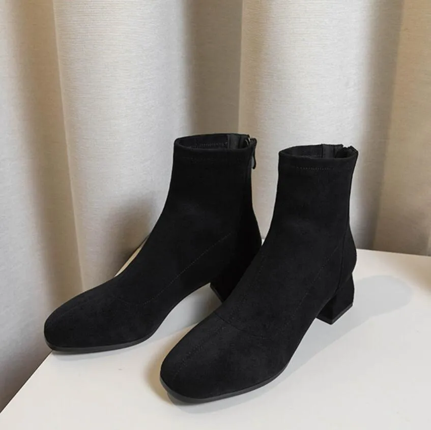 Petite Suede Back Zipper Block Heel Short Boots MS203