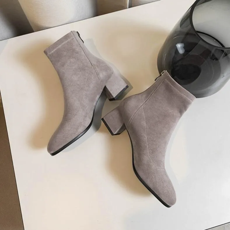 Petite Suede Back Zipper Block Heel Short Boots MS203