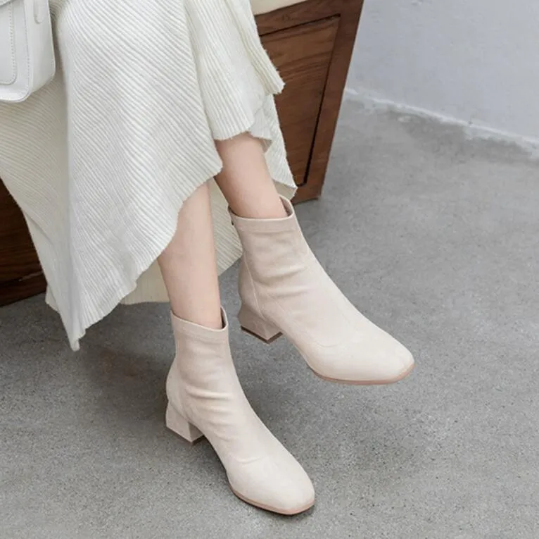 Petite Suede Back Zipper Block Heel Short Boots MS203