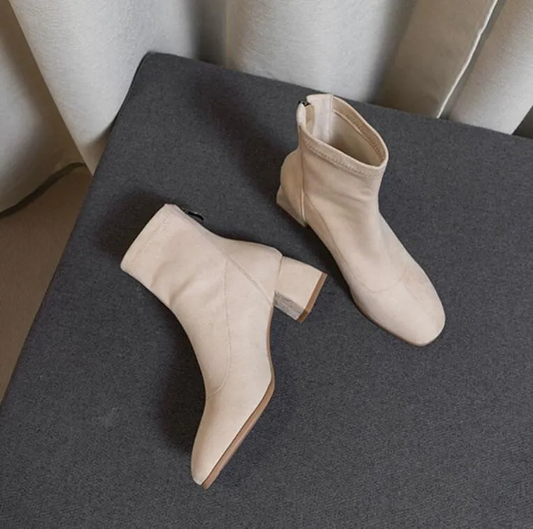Petite Suede Back Zipper Block Heel Short Boots MS203