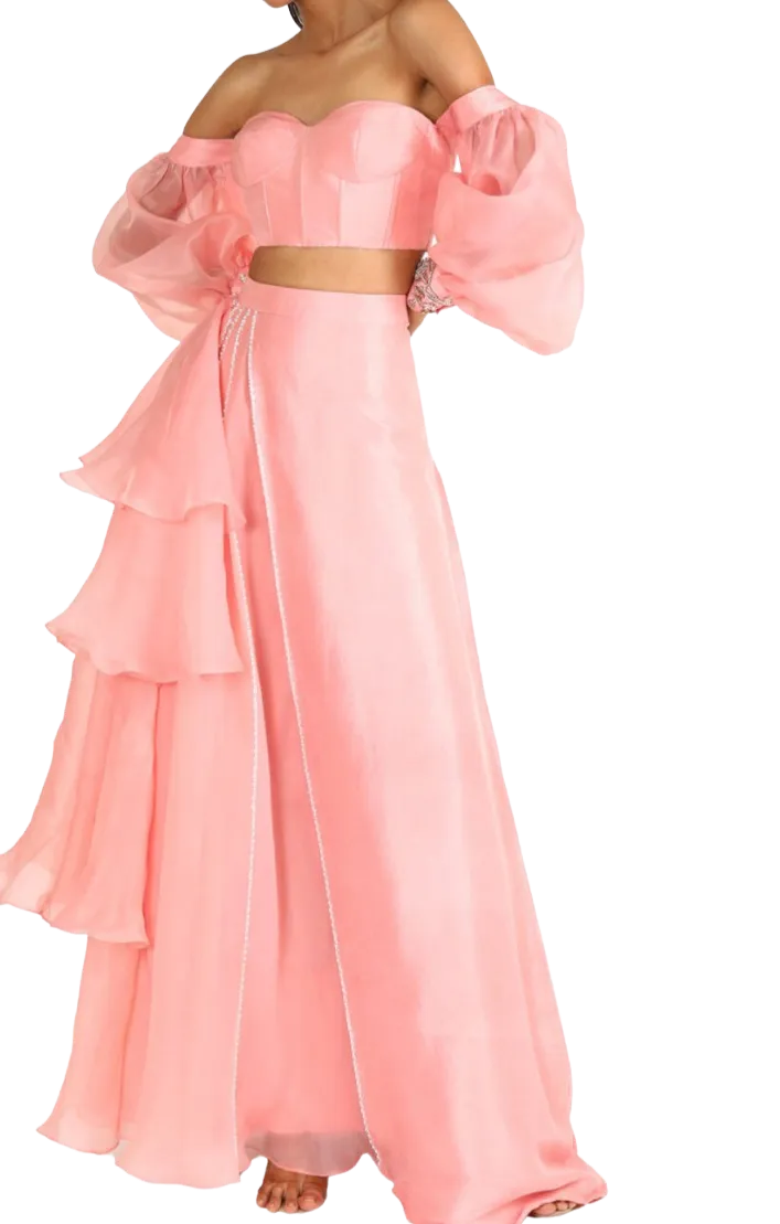 Pink Corset Lehenga with Bubble Sleeves