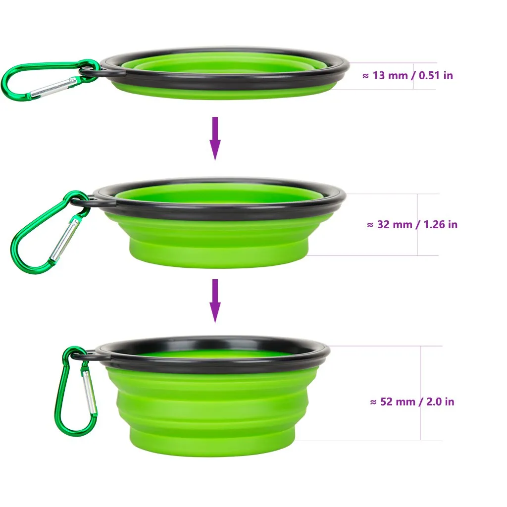 Portable Silicone Pet Bowl, 5 Inches, Foldable Expandable Water Feeding Travel Bowl for Pet Dog Cat and Small Animals (Set of 2, Purple Green)