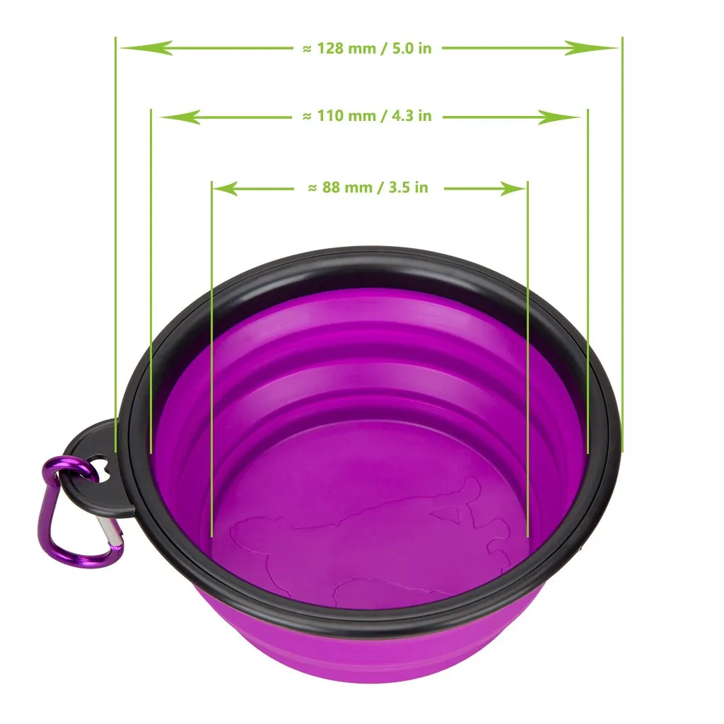 Portable Silicone Pet Bowl, 5 Inches, Foldable Expandable Water Feeding Travel Bowl for Pet Dog Cat and Small Animals (Set of 2, Purple Green)