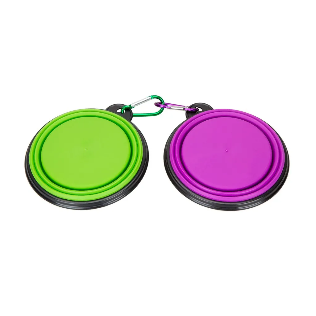 Portable Silicone Pet Bowl, 5 Inches, Foldable Expandable Water Feeding Travel Bowl for Pet Dog Cat and Small Animals (Set of 2, Purple Green)