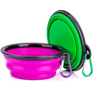 Portable Silicone Pet Bowl, 5 Inches, Foldable Expandable Water Feeding Travel Bowl for Pet Dog Cat and Small Animals (Set of 2, Purple Green)