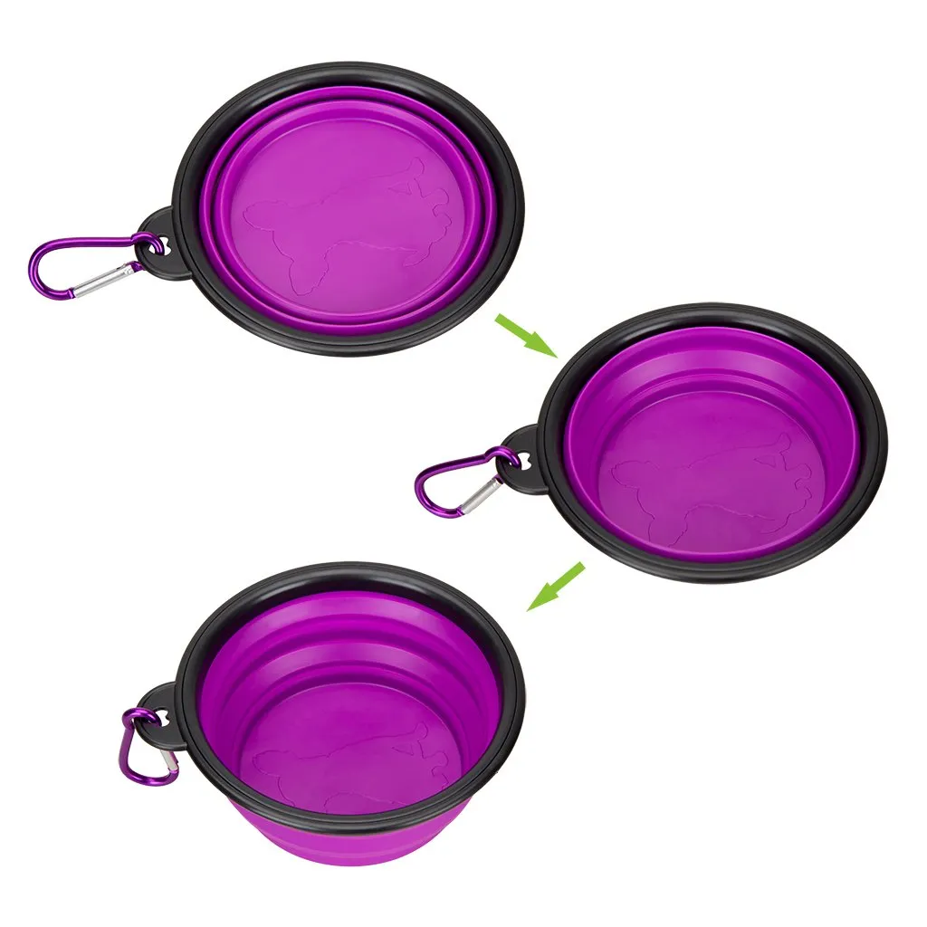 Portable Silicone Pet Bowl, 5 Inches, Foldable Expandable Water Feeding Travel Bowl for Pet Dog Cat and Small Animals (Set of 2, Purple Green)