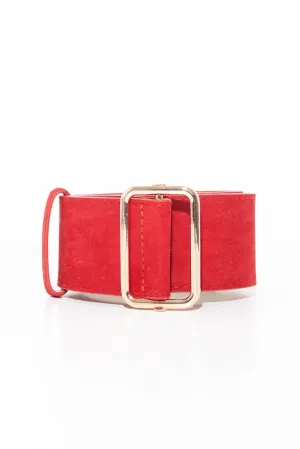 Red Faux Suede Gold Buckle Wide Belt - Tammie