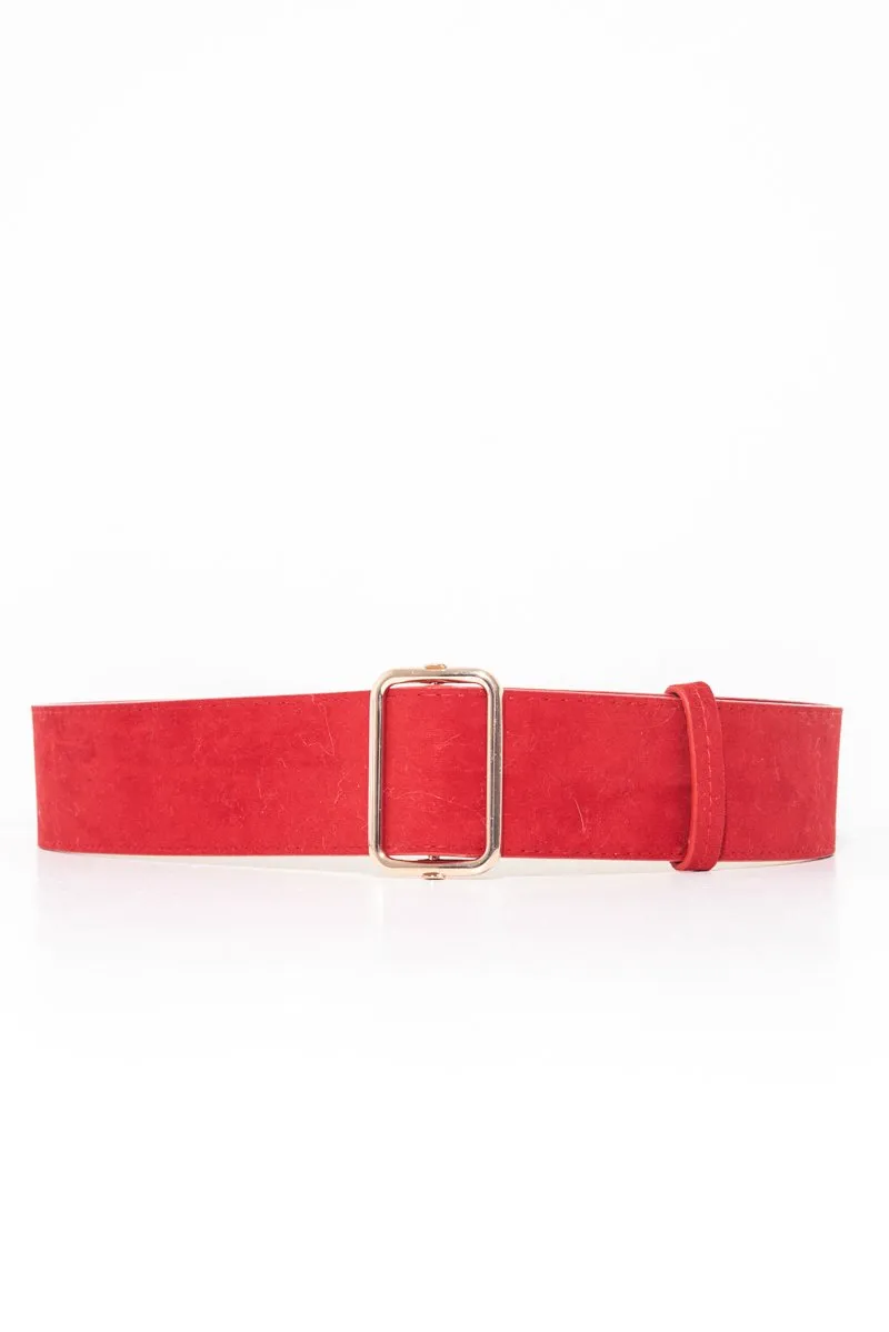 Red Faux Suede Gold Buckle Wide Belt - Tammie