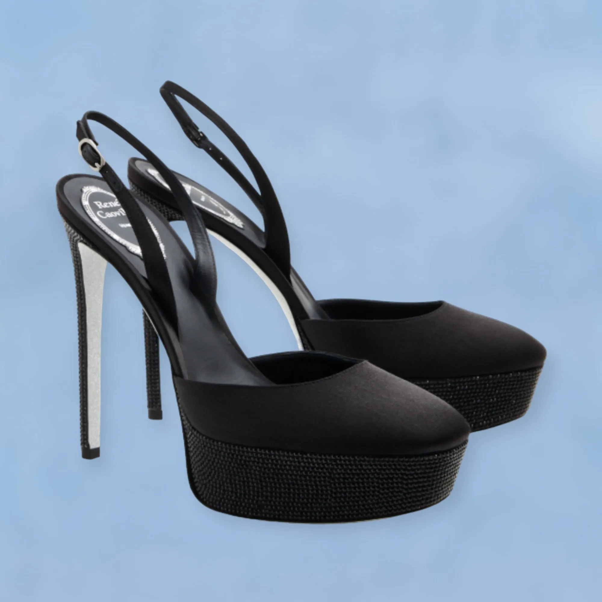 René Caovilla Shoes, Black Satin Pumps with Hematite (size 37.5)