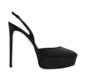 René Caovilla Shoes, Black Satin Pumps with Hematite (size 37.5)