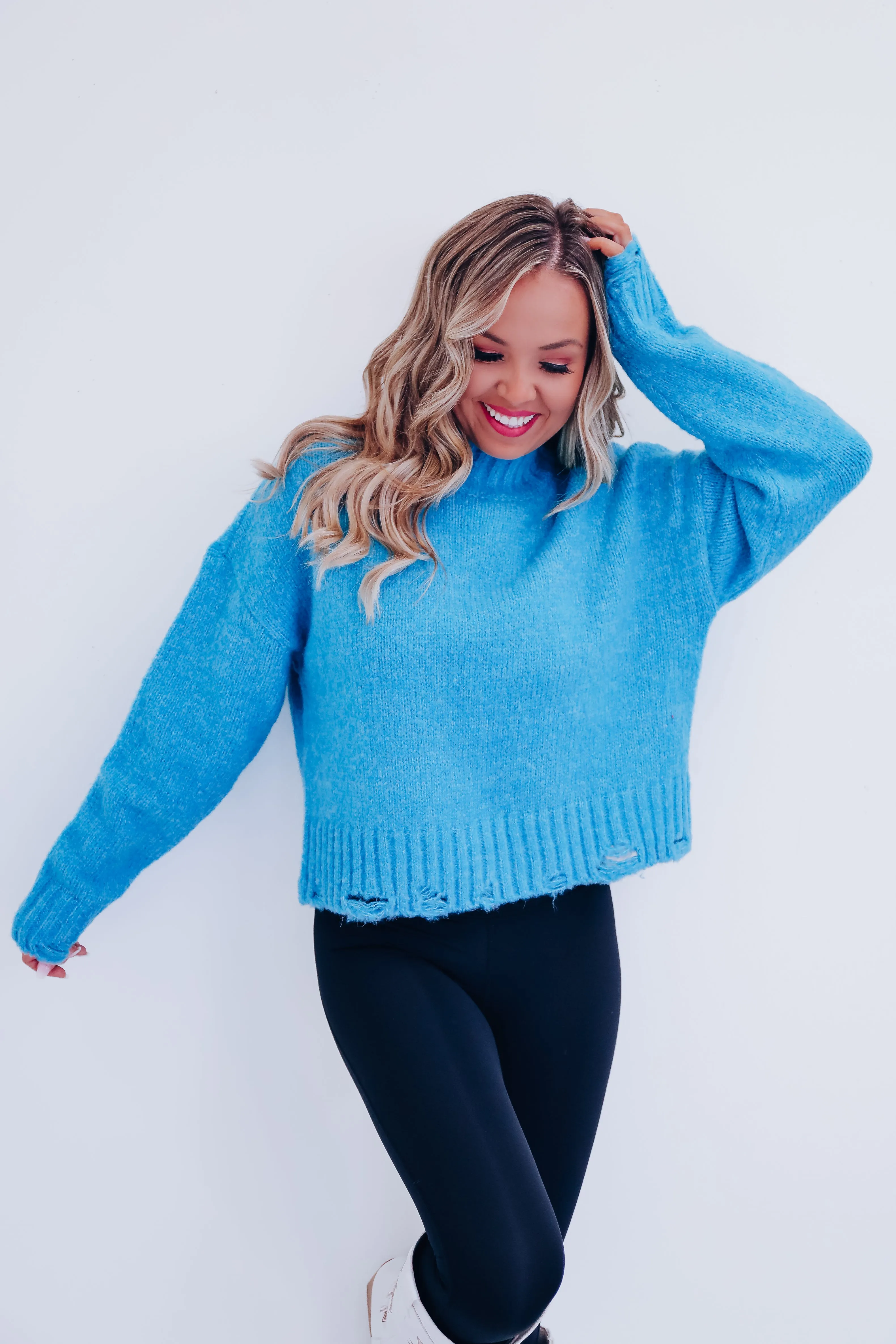 Ricca Cropped Distressed Sweater - Blue