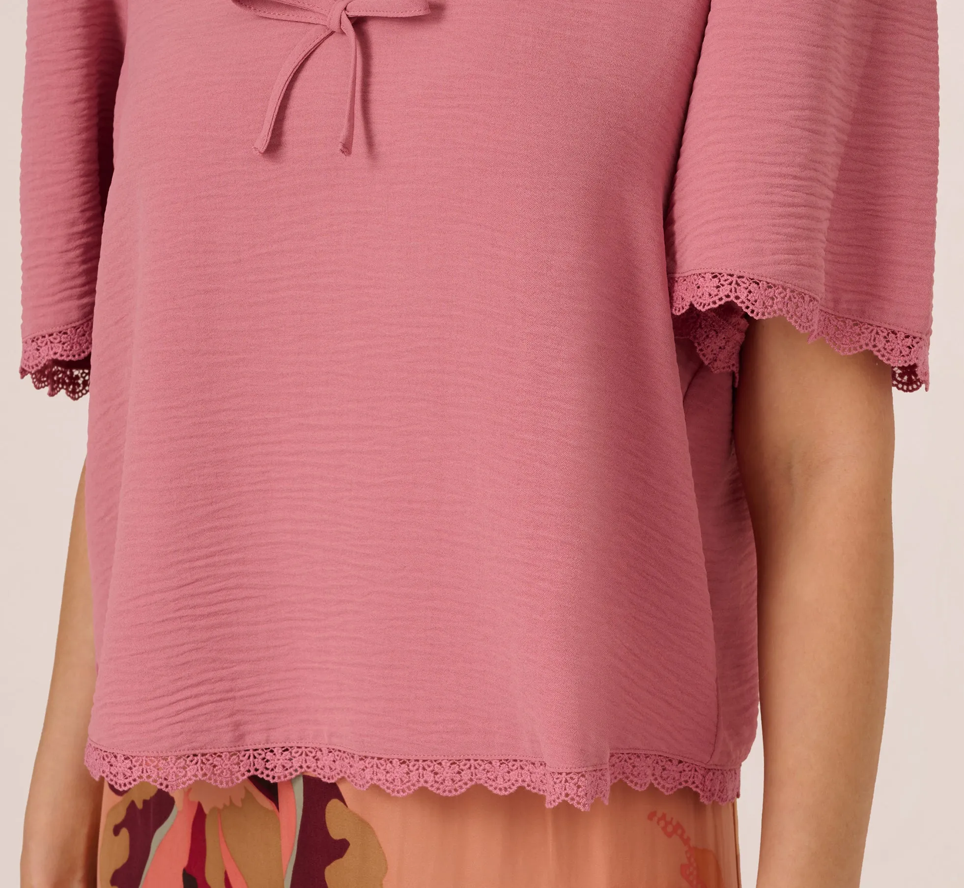 Short Sleeve Crochet Trim Top In Mesa Rose