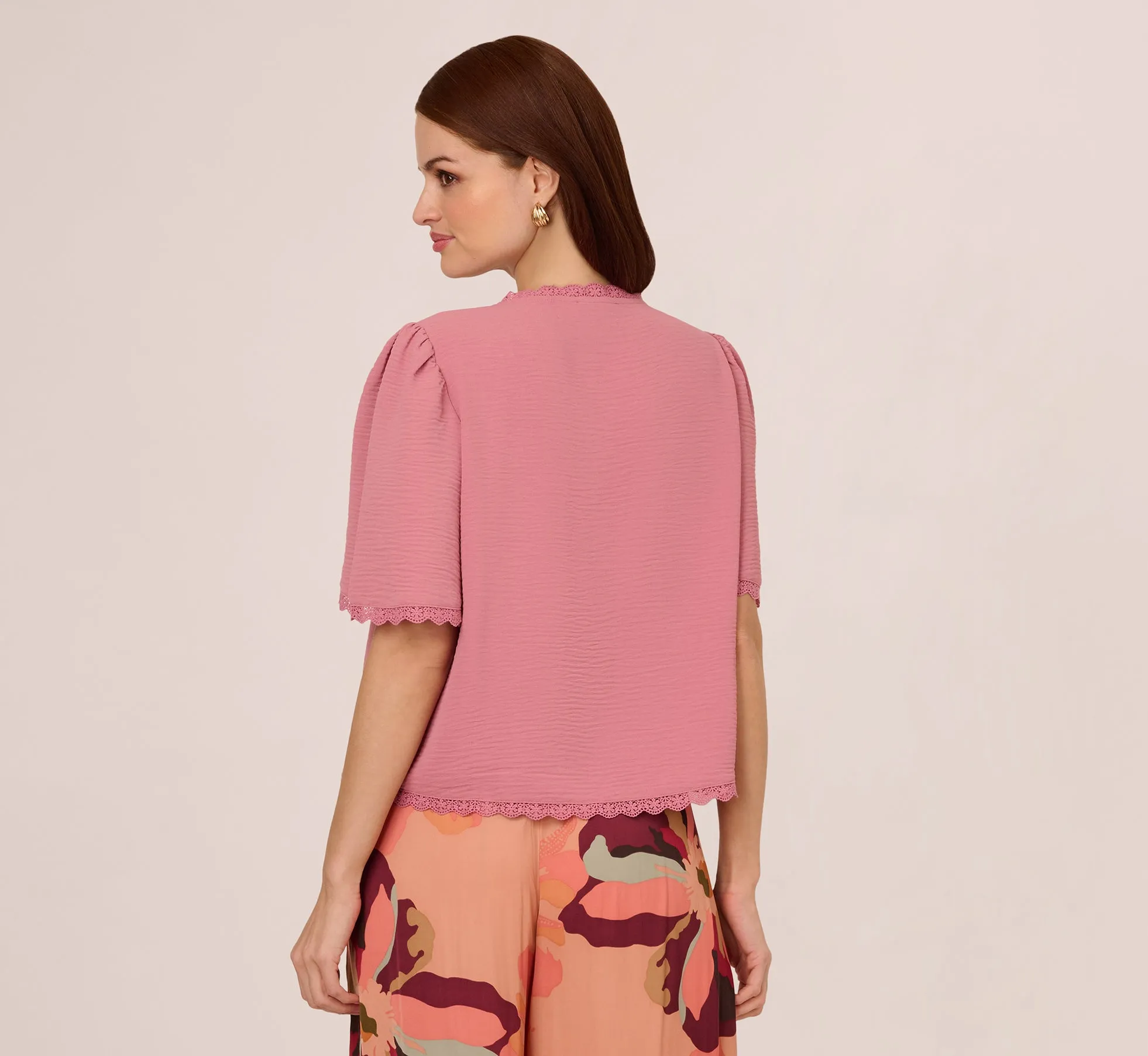 Short Sleeve Crochet Trim Top In Mesa Rose